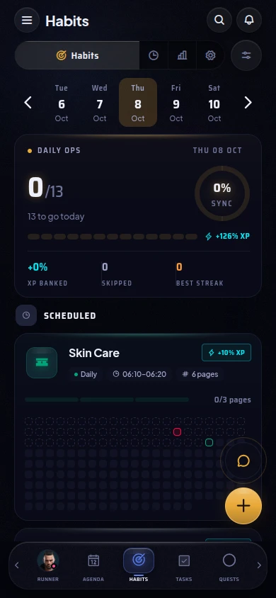 The Habits screen: today's progress ring, an XP chain and scheduled habits with a history grid.